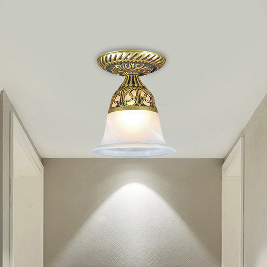 Frosted Glass Farmhouse Flush Mount Lamp - Bell Shape, 1-Head Brass Ceiling Light Fixture for Hallways