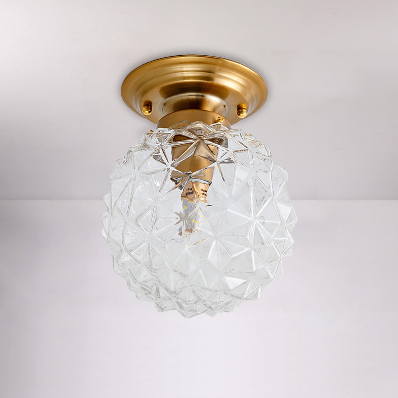 Countryside Blue/Clear/Smoke Gray Prismatic Glass Pine Cone Hallway Ceiling Lamp - Brass Flush Mount Light