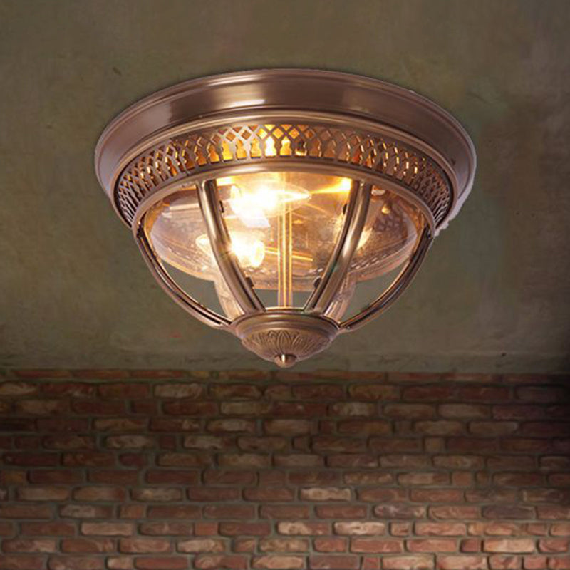 Antiqued Brass/Brown Semi Flush Lamp - Clear Glass 1-Light Flush Mount with Pierced Trim Design