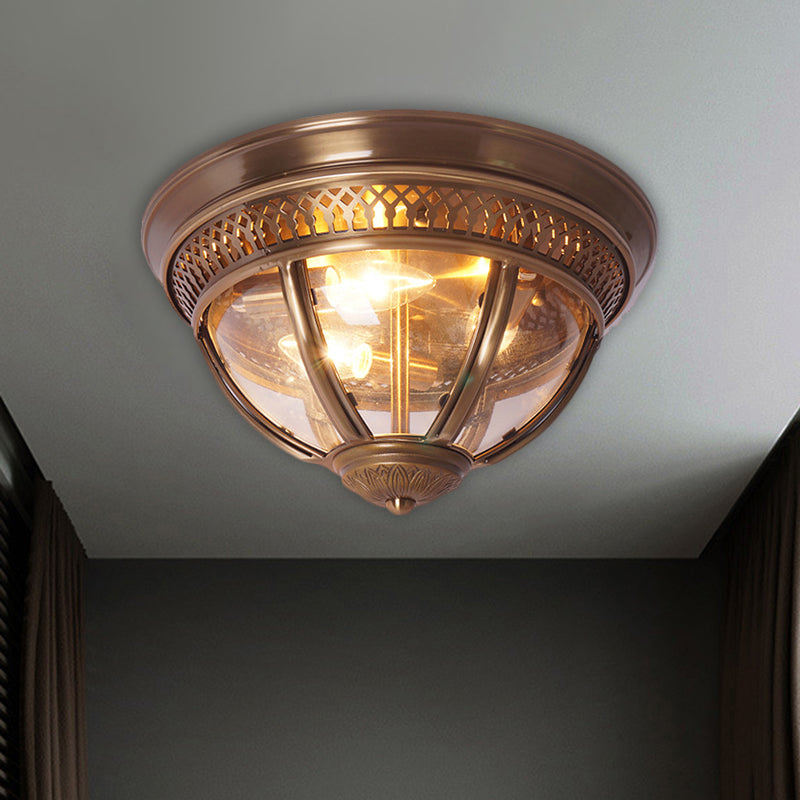 Antiqued Brass/Brown Semi Flush Lamp - Clear Glass 1-Light Flush Mount with Pierced Trim Design
