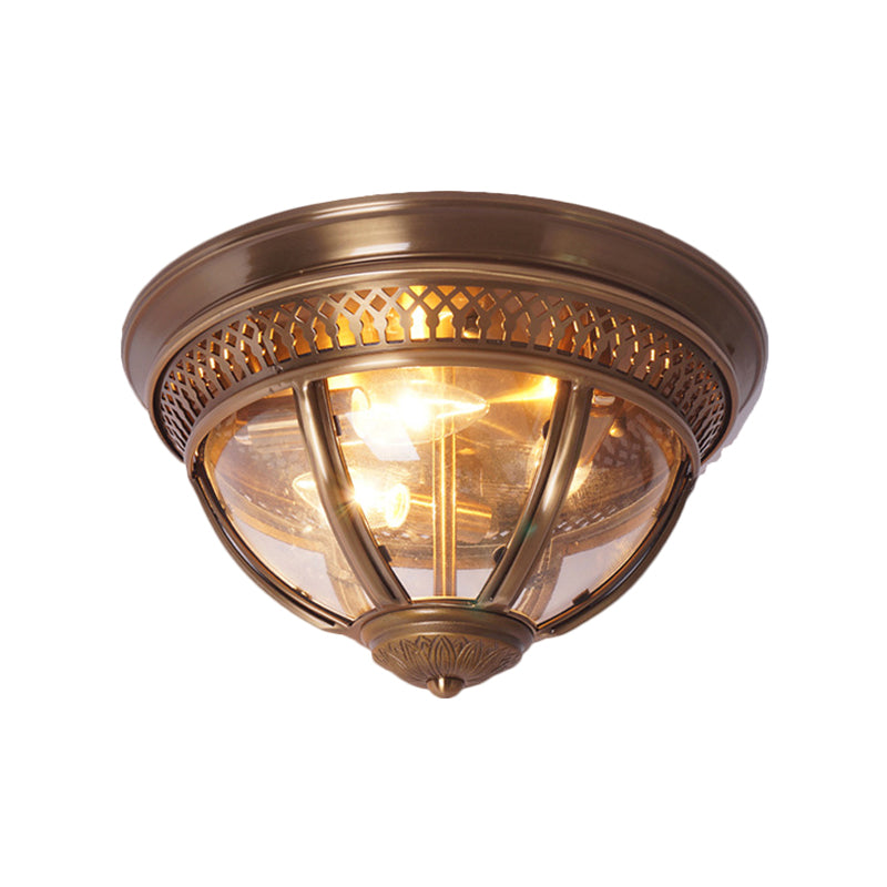 Antiqued Brass/Brown Semi Flush Lamp - Clear Glass 1-Light Flush Mount with Pierced Trim Design