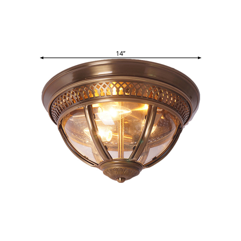 Antiqued Brass/Brown Semi Flush Lamp - Clear Glass 1-Light Flush Mount with Pierced Trim Design