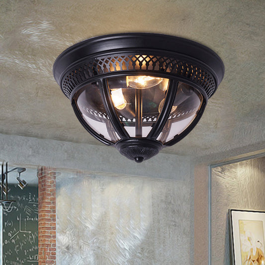 Antiqued Brass/Brown Semi Flush Lamp - Clear Glass 1-Light Flush Mount with Pierced Trim Design