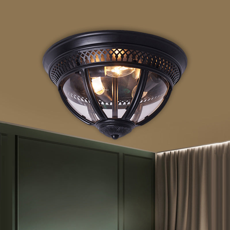 Antiqued Brass/Brown Semi Flush Lamp - Clear Glass 1-Light Flush Mount with Pierced Trim Design