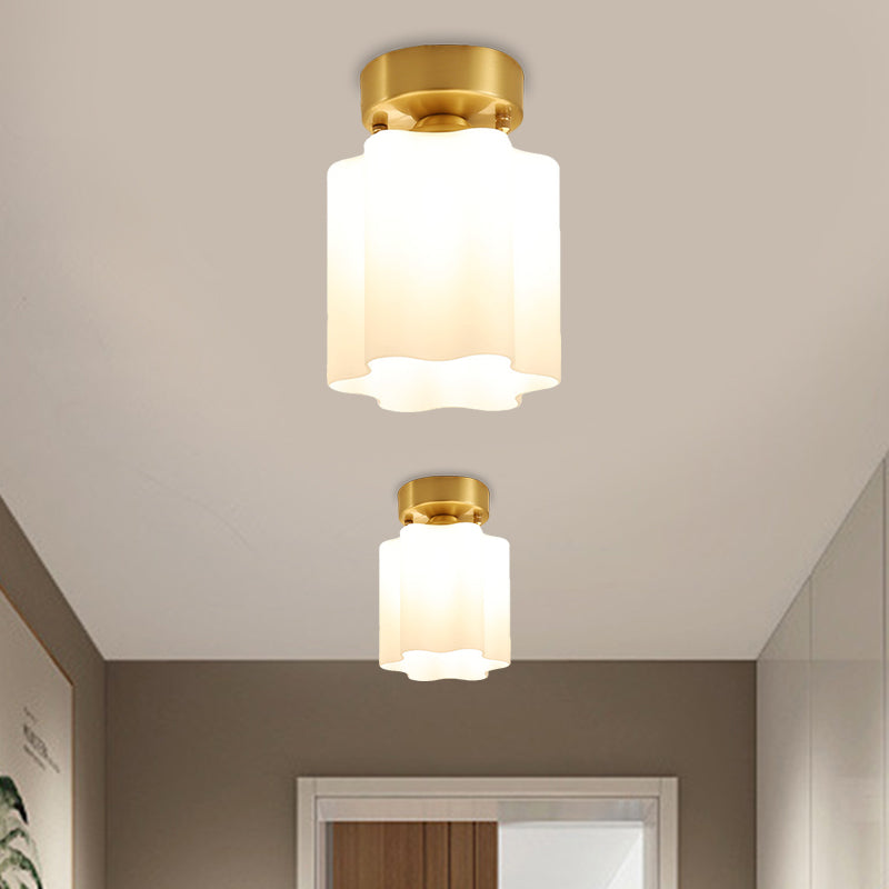White Glass Brass Flush Lamp - Scalloped/Shell/Trapezoid Design, 1-Light Cottage Ceiling Mount for Stairway
