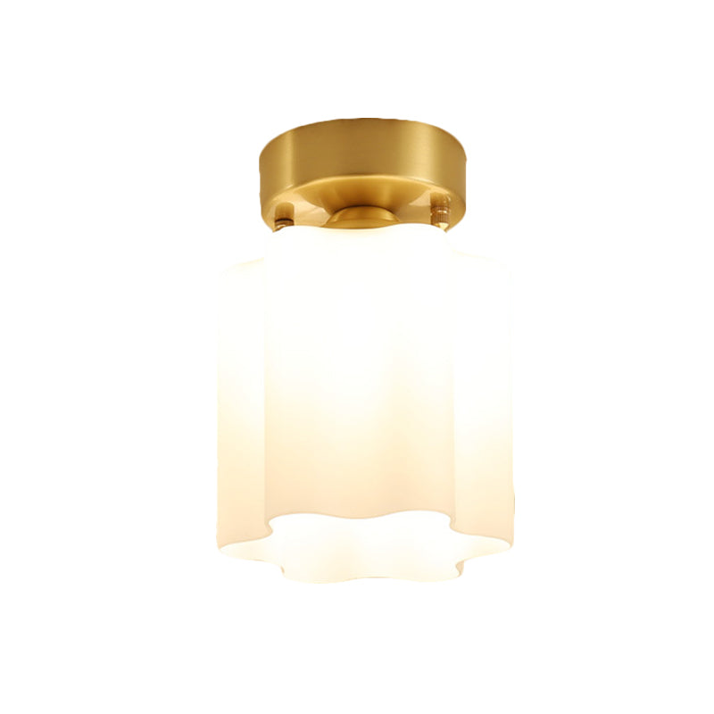 White Glass Brass Flush Lamp - Scalloped/Shell/Trapezoid Design, 1-Light Cottage Ceiling Mount for Stairway