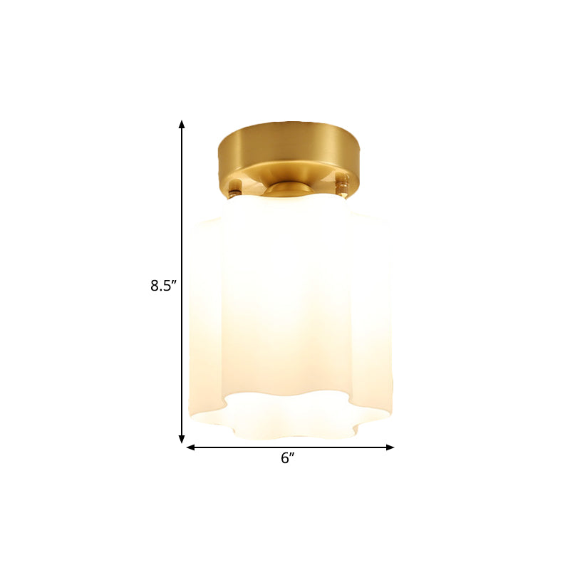 White Glass Brass Flush Lamp - Scalloped/Shell/Trapezoid Design, 1-Light Cottage Ceiling Mount for Stairway