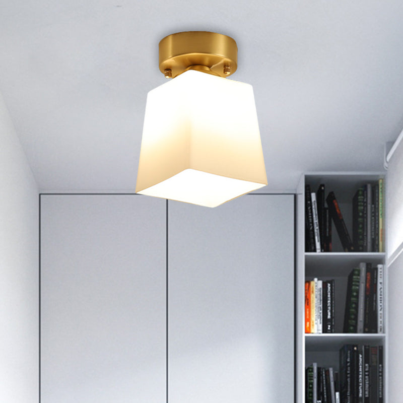 White Glass Brass Flush Lamp - Scalloped/Shell/Trapezoid Design, 1-Light Cottage Ceiling Mount for Stairway