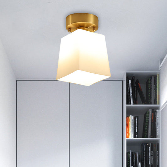 White Glass Brass Flush Lamp - Scalloped/Shell/Trapezoid Design, 1-Light Cottage Ceiling Mount for Stairway