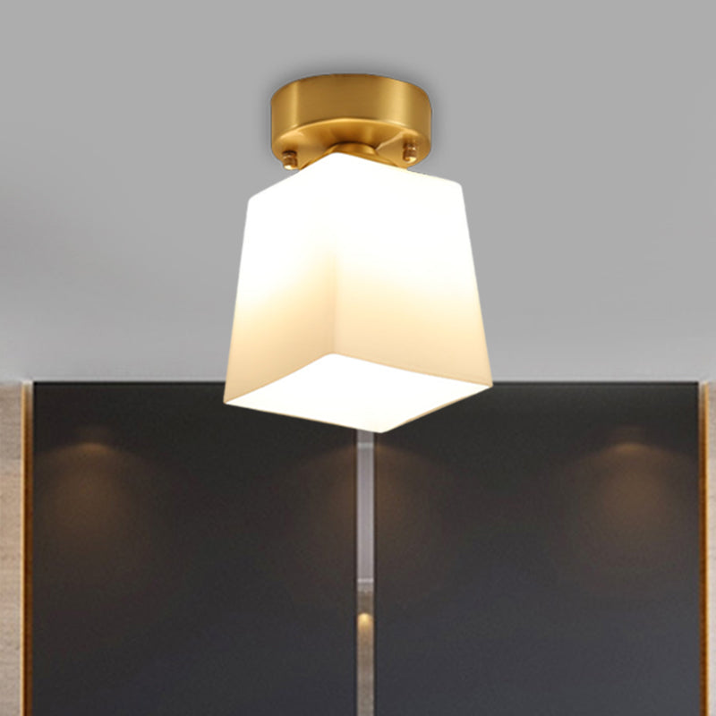 White Glass Brass Flush Lamp - Scalloped/Shell/Trapezoid Design, 1-Light Cottage Ceiling Mount for Stairway