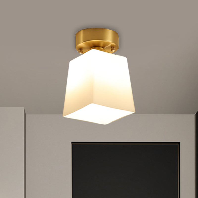 White Glass Brass Flush Lamp - Scalloped/Shell/Trapezoid Design, 1-Light Cottage Ceiling Mount for Stairway