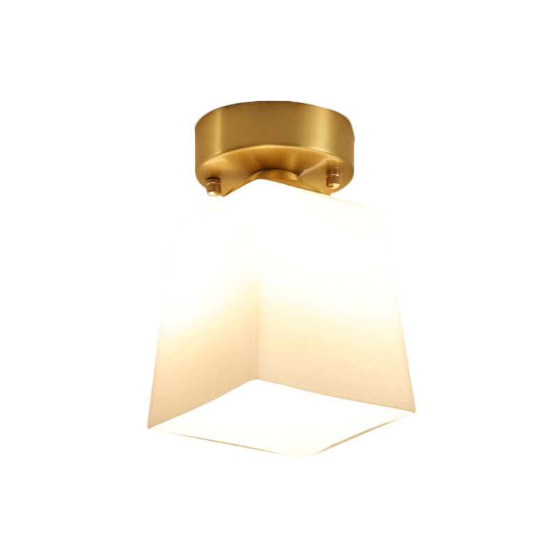 White Glass Brass Flush Lamp - Scalloped/Shell/Trapezoid Design, 1-Light Cottage Ceiling Mount for Stairway