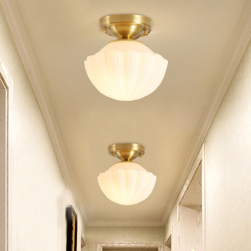 White Glass Brass Flush Lamp - Scalloped/Shell/Trapezoid Design, 1-Light Cottage Ceiling Mount for Stairway
