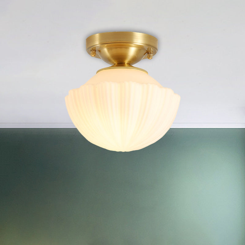 White Glass Brass Flush Lamp - Scalloped/Shell/Trapezoid Design, 1-Light Cottage Ceiling Mount for Stairway