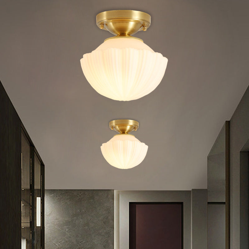 White Glass Brass Flush Lamp - Scalloped/Shell/Trapezoid Design 1-Light Cottage Ceiling Mount For