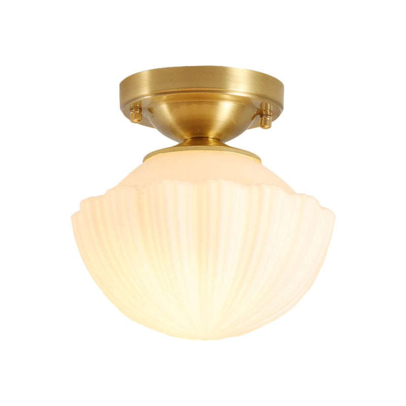 White Glass Brass Flush Lamp - Scalloped/Shell/Trapezoid Design, 1-Light Cottage Ceiling Mount for Stairway