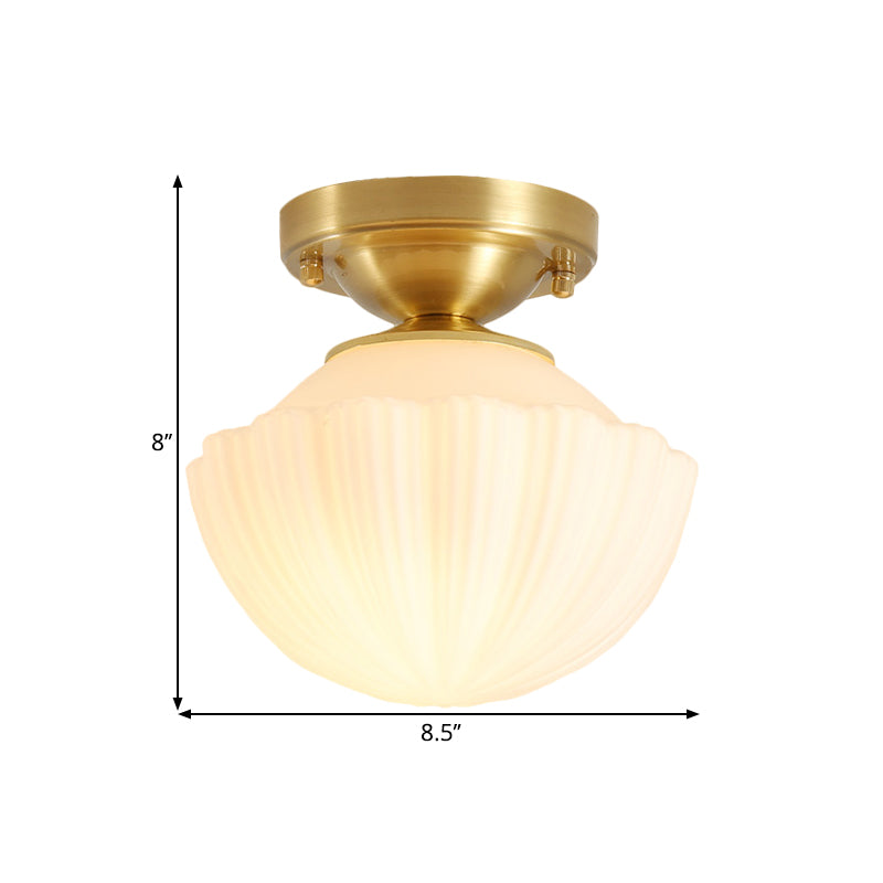 White Glass Brass Flush Lamp - Scalloped/Shell/Trapezoid Design, 1-Light Cottage Ceiling Mount for Stairway