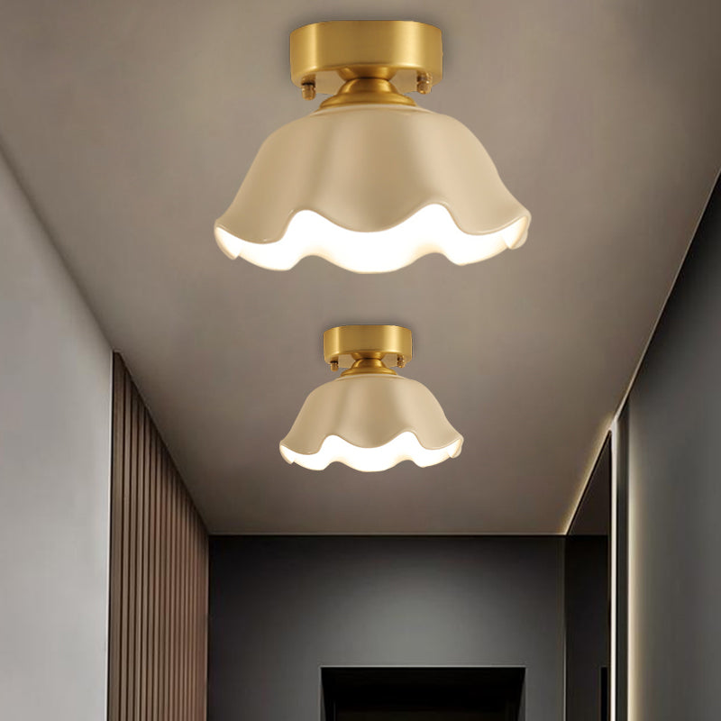 White Glass Brass Flush Lamp - Scalloped/Shell/Trapezoid Design, 1-Light Cottage Ceiling Mount for Stairway