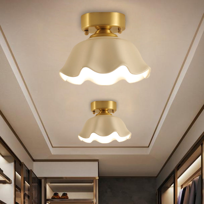 White Glass Brass Flush Lamp - Scalloped/Shell/Trapezoid Design, 1-Light Cottage Ceiling Mount for Stairway