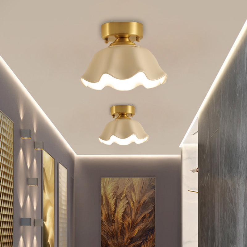 White Glass Brass Flush Lamp - Scalloped/Shell/Trapezoid Design 1-Light Cottage Ceiling Mount For