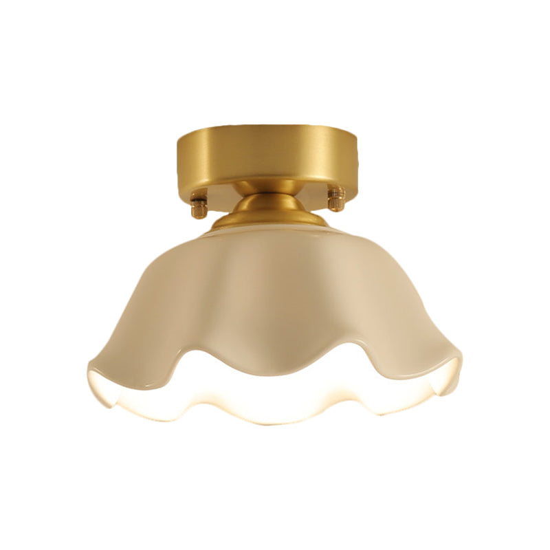 White Glass Brass Flush Lamp - Scalloped/Shell/Trapezoid Design, 1-Light Cottage Ceiling Mount for Stairway