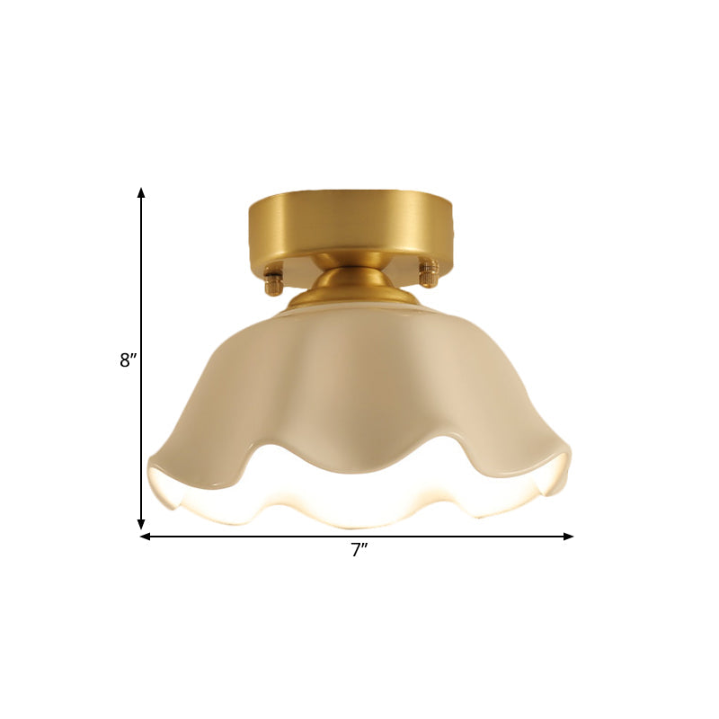 White Glass Brass Flush Lamp - Scalloped/Shell/Trapezoid Design, 1-Light Cottage Ceiling Mount for Stairway