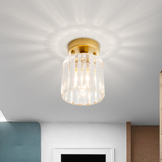 Farmhouse Brass Flush Mount Ceiling Light with Clear Ridged Glass