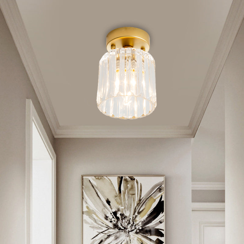 Farmhouse Brass Flush Mount Ceiling Light with Clear Ridged Glass