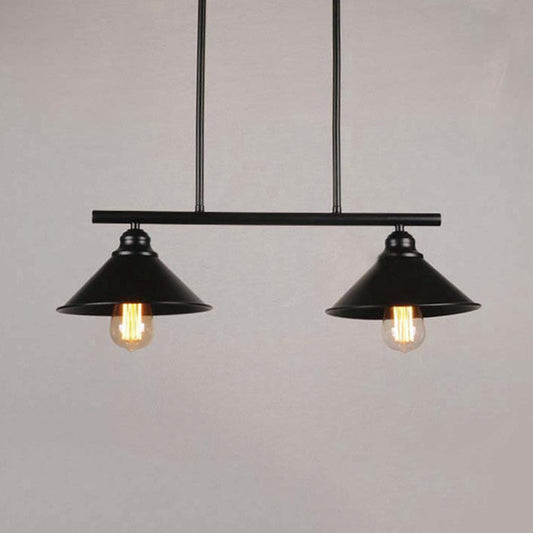 Retro Loft Metal Island Pendant Light Fixture - Black Finish Conical Design 2/3 Lights Kitchen
