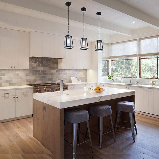 Industrial Trapezoid Pendant Light with Clear Glass & Black Finish, 7"/12" Wide