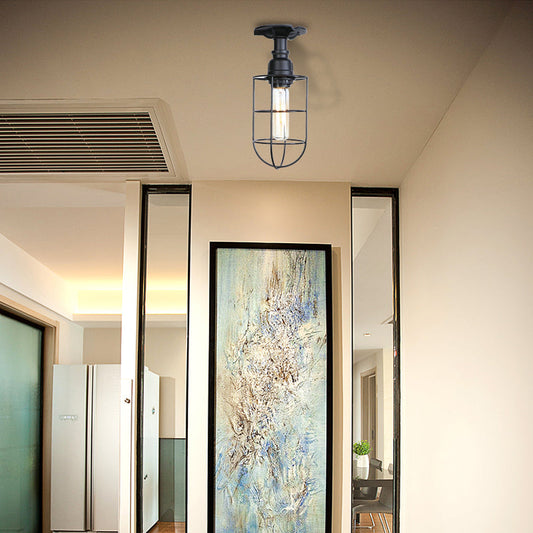 Vintage Wire Guard Ceiling Light for Corridors - Black/Bronze Semi-Flush Mount with 1 Bulb