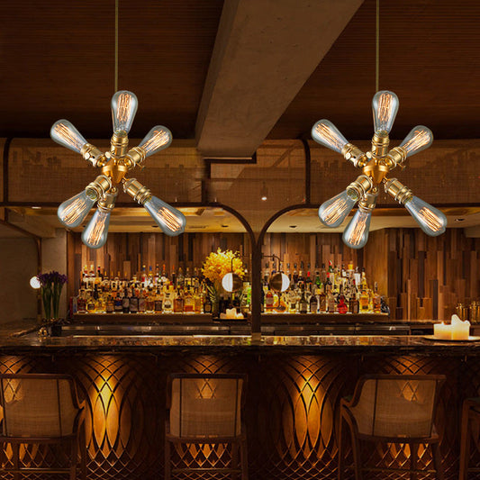 Vintage Industrial Brass Chandelier with 6 Bare Bulb Heads - Perfect for Bars