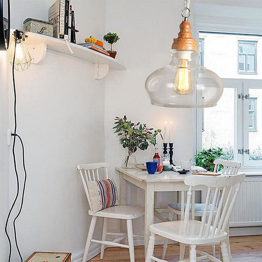 Vintage Oval Wood Pendant Ceiling Light with Clear Glass - Perfect for Dining Room Lighting