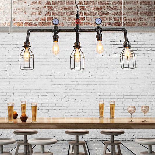 Industrial Silver Island Lighting With 5 Bulbs Metallic Caged Hanging Lamp Pipe And Pressure Gauge