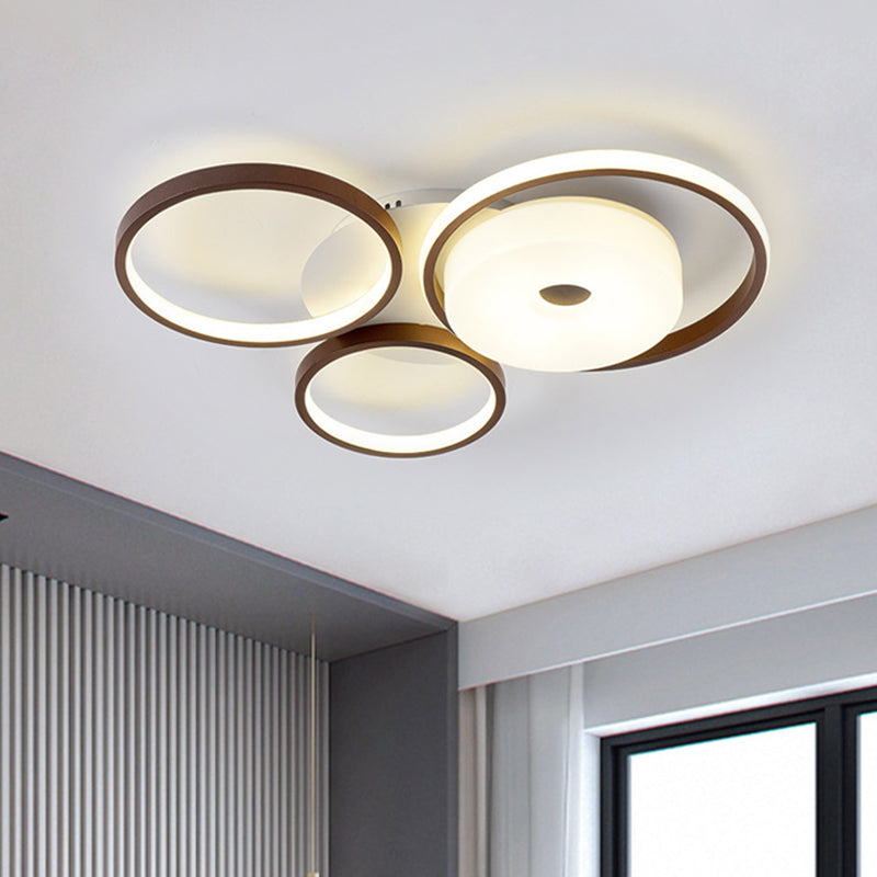 Modern Metal Flush Ceiling Light - 3 Rings, LED, Brown, Warm/White Light (19.5"/25.5" Width)