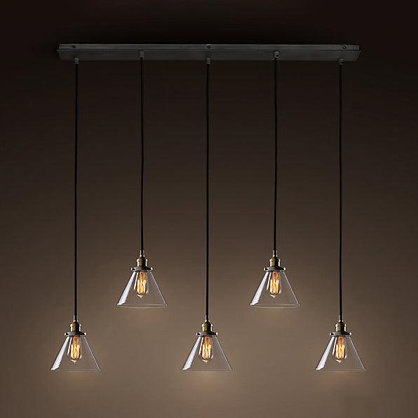 Luminaire suspendu vintage en forme de cône en verre transparent : lampe suspendue à 3/4/5 lumières en noir