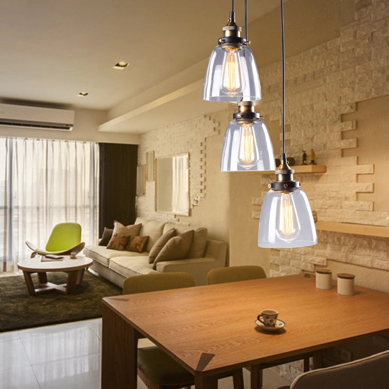 Luminaire suspendu multiple en verre transparent avec charme vintage - 3/4/5 lumières, finition laiton vieilli pour table à manger