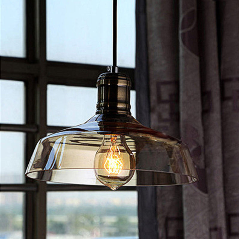 Retro Vintage Amber Glass Barn Pendant Light For Living Room - Brass Finish