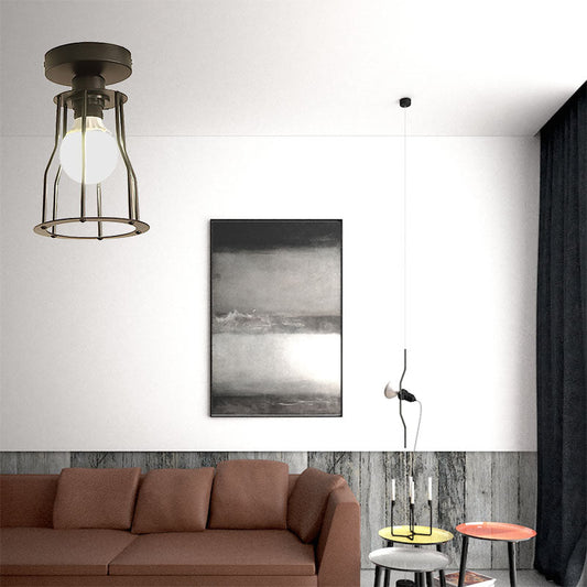 Matte Black Ceiling Wire Guard Mini Pendant Light - Farmhouse Style, 1-Light Semi Flush Iron