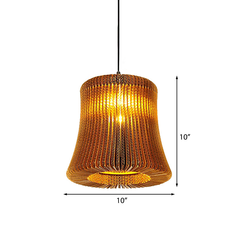 Stylish Brown Asian Dining Room Pendant Lighting - Ceiling Fixture with Cylinder Shade - 1 Bulb - Corrugated Paper