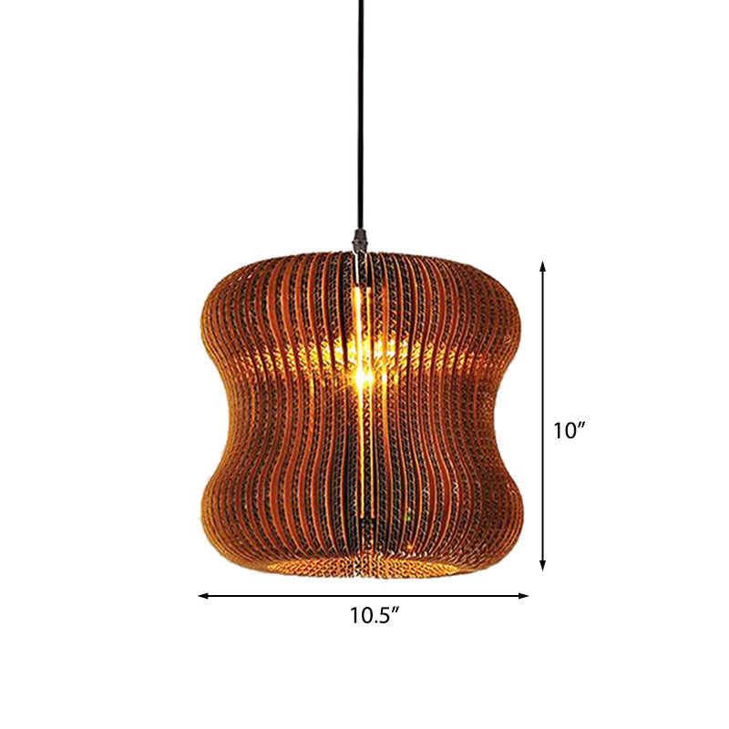 Stylish Brown Asian Dining Room Pendant Lighting - Ceiling Fixture with Cylinder Shade - 1 Bulb - Corrugated Paper