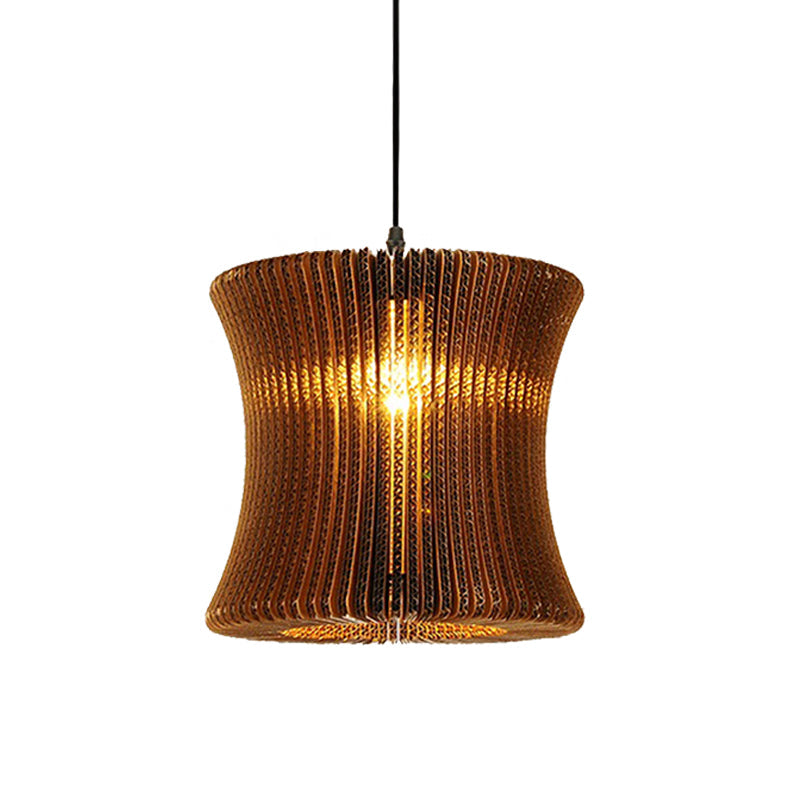 Stylish Brown Asian Dining Room Pendant Lighting - Ceiling Fixture with Cylinder Shade - 1 Bulb - Corrugated Paper