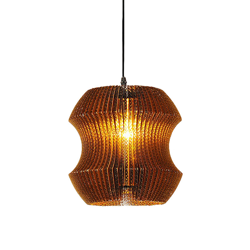 Stylish Brown Asian Dining Room Pendant Lighting - Ceiling Fixture with Cylinder Shade - 1 Bulb - Corrugated Paper