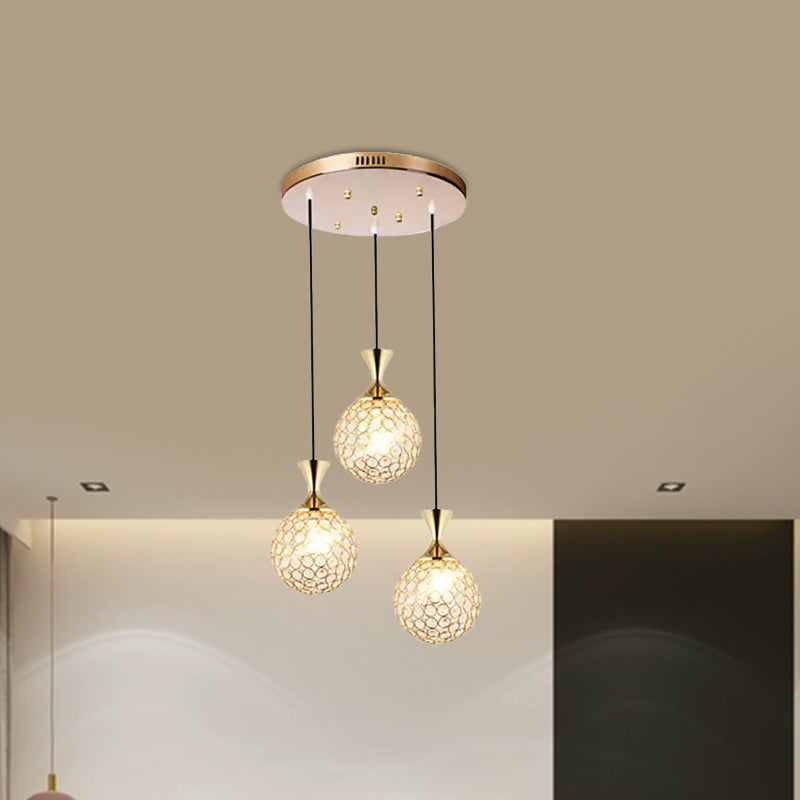 Globe Dining Room Ceiling Lamp - Minimal Crystal-Encrusted Pendant Lighting Fixture (3/5 Bulbs) - Gold Multi