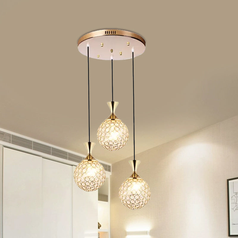Globe Dining Room Ceiling Lamp Crystal Encrusted Pendant Light Fixture - Gold 3/5 Bulbs