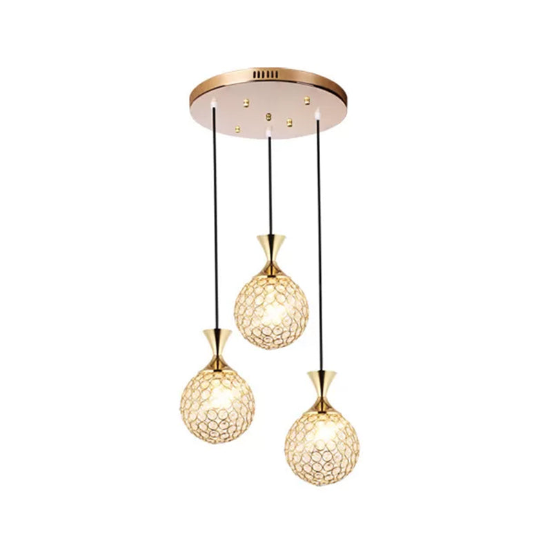 Globe Dining Room Ceiling Lamp Crystal Encrusted Pendant Light Fixture - Gold 3/5 Bulbs