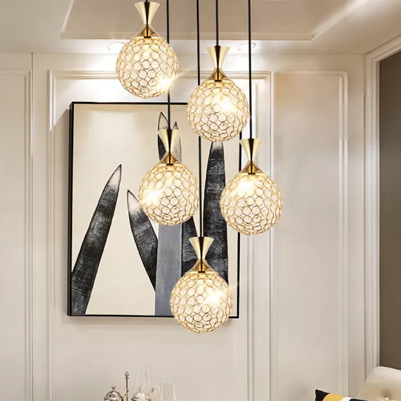 Globe Dining Room Ceiling Lamp - Minimal Crystal-Encrusted Pendant Lighting Fixture (3/5 Bulbs) - Gold Multi