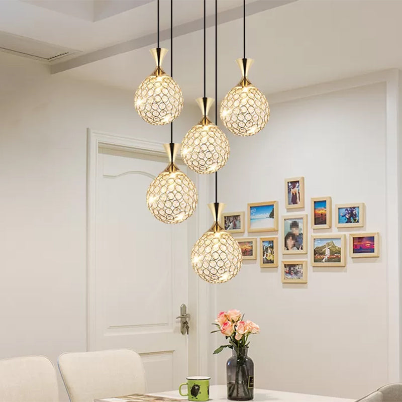 Globe Dining Room Ceiling Lamp - Minimal Crystal-Encrusted Pendant Lighting Fixture (3/5 Bulbs) - Gold Multi