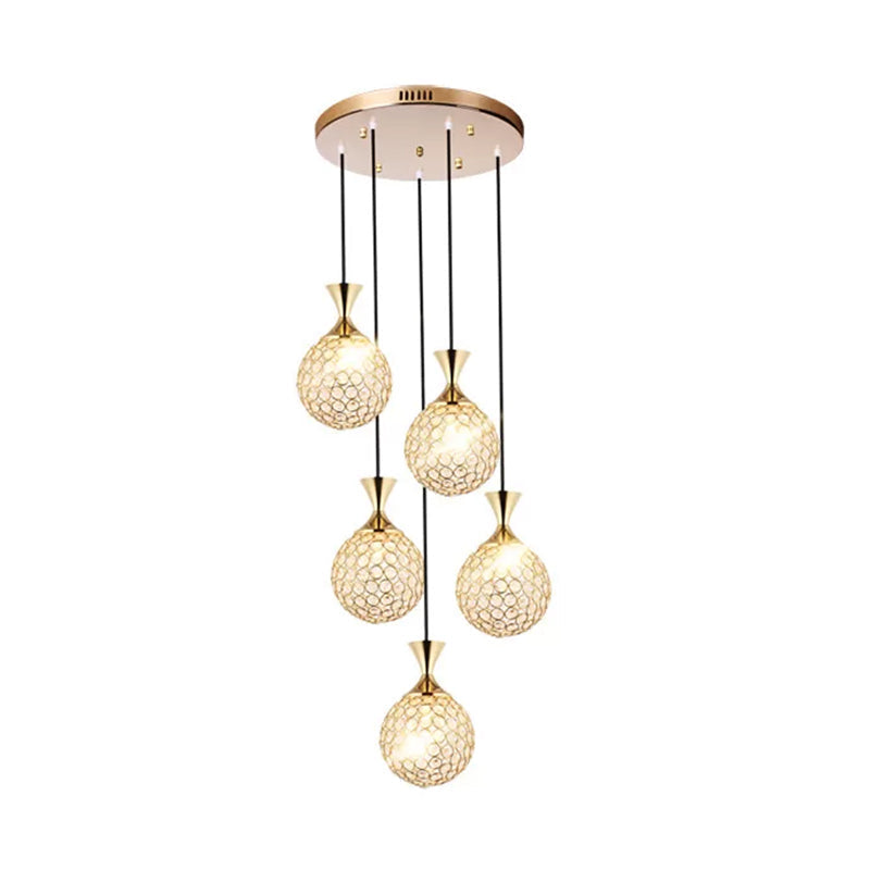 Globe Dining Room Ceiling Lamp Crystal Encrusted Pendant Light Fixture - Gold 3/5 Bulbs