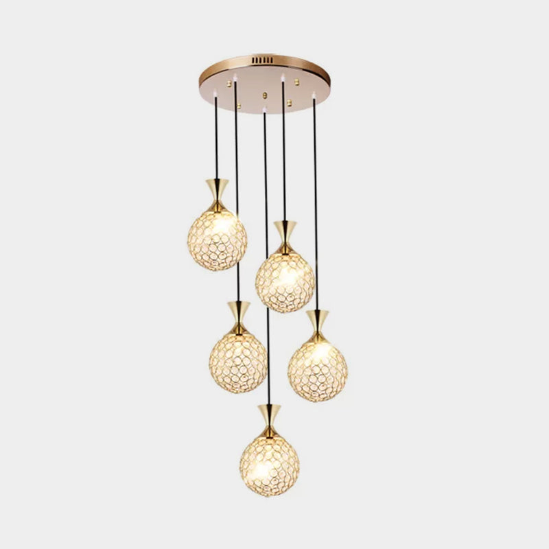 Globe Dining Room Ceiling Lamp - Minimal Crystal-Encrusted Pendant Lighting Fixture (3/5 Bulbs) - Gold Multi